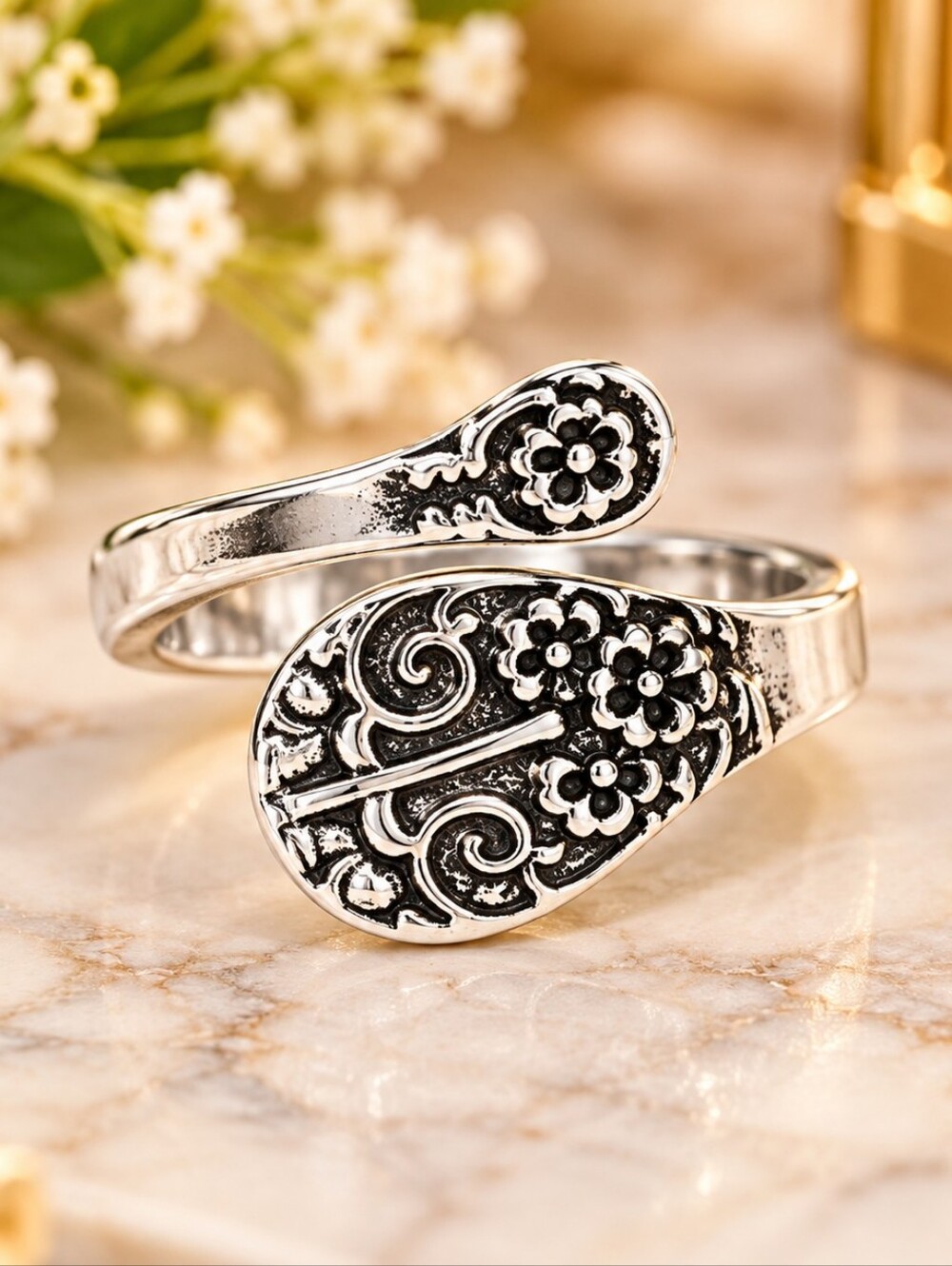 Silver Floral Filigree Wrap Ring - Silver